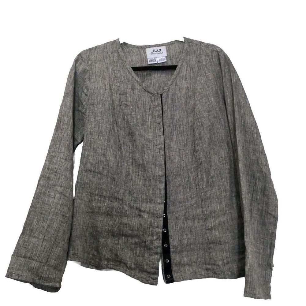 Flax 100% Linen Button Up Jacket Size Small Gray Lagenlook Boho 2 Back Pockets